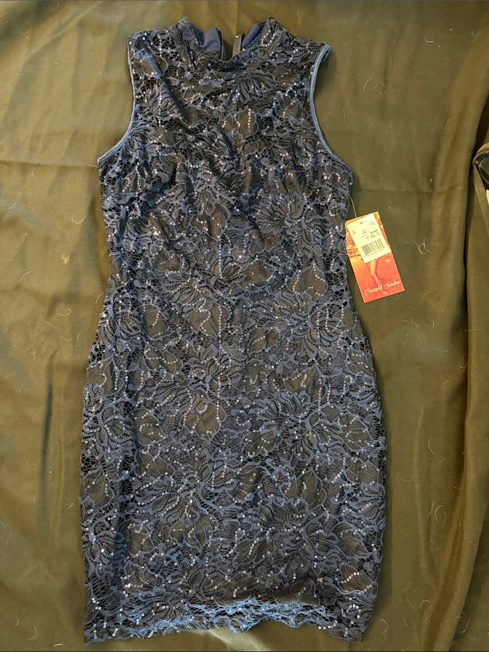Emerald Sundae Navy Lace Sequin High-Neck Mini Dress